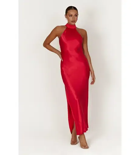 MESHKI Claire Satin Drape Back Maxi Dress with Split