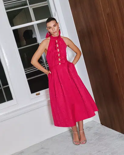 Rebecca Vallance Tahlia Halterneck Midi Dress Pink Size 8
