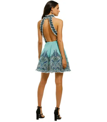 Zimmermann Moncur Ruffle Neck Mini Dress Pinafore Aqua Paisley Size 0P