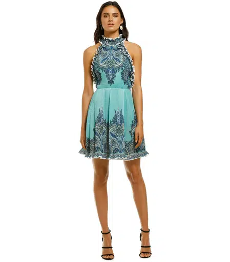 Zimmermann Moncur Ruffle Neck Mini Dress Pinafore Aqua Paisley Size 0P