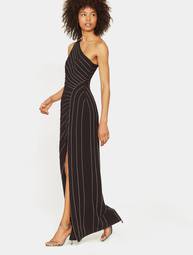 One-shoulder metallic-trimmed crepe gown