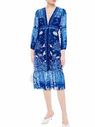 Anna Sui Ruched Printed Silk Chiffon Midi Dress Blue Size US 6 (UK 10)