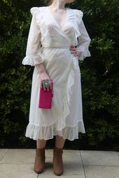 Ganni Jasmine Ruffled Flocked Gauze Wrap Dress White Size 10