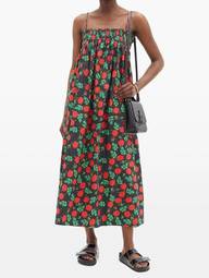 Ganni Shirred Rose-Print Cotton midi dress