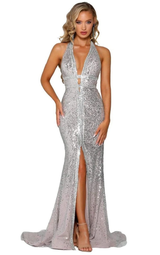 Portia and Scarlett Punging Halter Sequined High Slit Gown Silver Size 10 