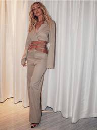 Michael Lo Sordo Crystalline Crop Wrap Shirt and Tri Pant Set Nude Size 6