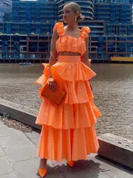 Aje Medina Ruched Crop Top and Tiered Midi Skirt Set Orange Size 10