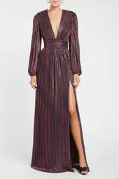 Rebecca Vallance Casey Striped Lurex Gown Purple Size 16