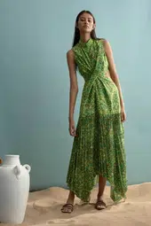 Alémais Phyllis Twist Front Pleat Dress Green
