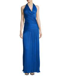 Halton Heritage - Pleated Wrap-Waist Halter Gown, Cobalt – Blue