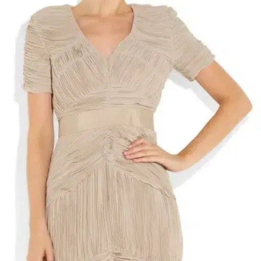 Burberry London Dress Ruched Pleated Chiffon Cocktail Dress Nude Size 12
