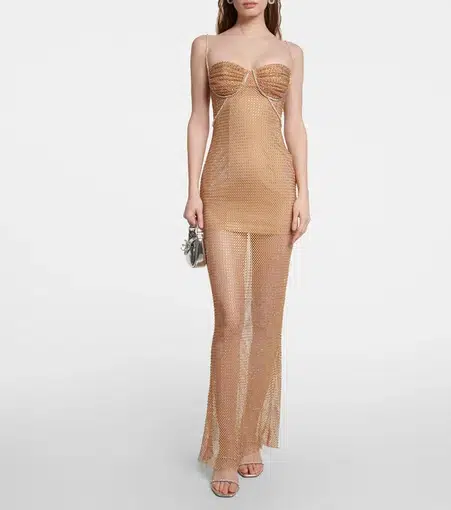 self-portrait Tan Hotfix Fishnet Maxi Dress in Nude