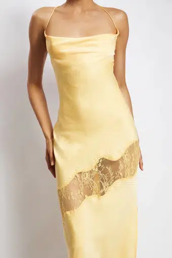 Meshki Chandra Lace Detail Satin Maxi Dress Lemon Size 14