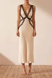 Shona Joy Camille Lace Cross Back Midi Dress In Cream Black, 42% OFF
