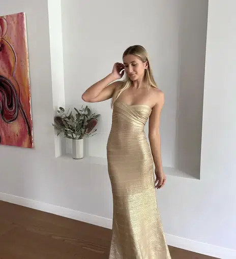 Hervé Léger Sweetheart Banded Foil Gown for Hire