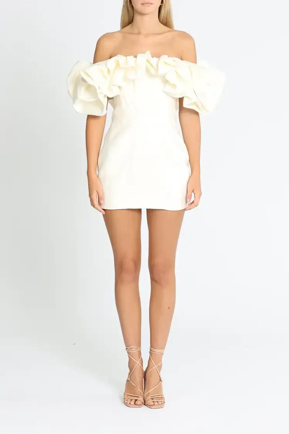 House of CB Selena Satin Ruffled Mini Dress in Ivory Size 10 - Image 1