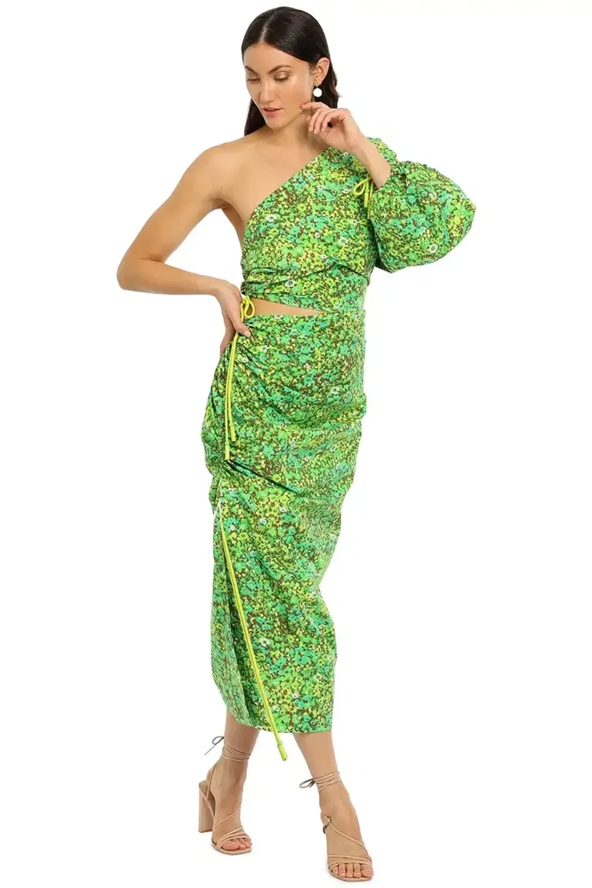 Alemais Phyllis Asymmetric Midi Dress in Green Floral Size 6 - Image 4