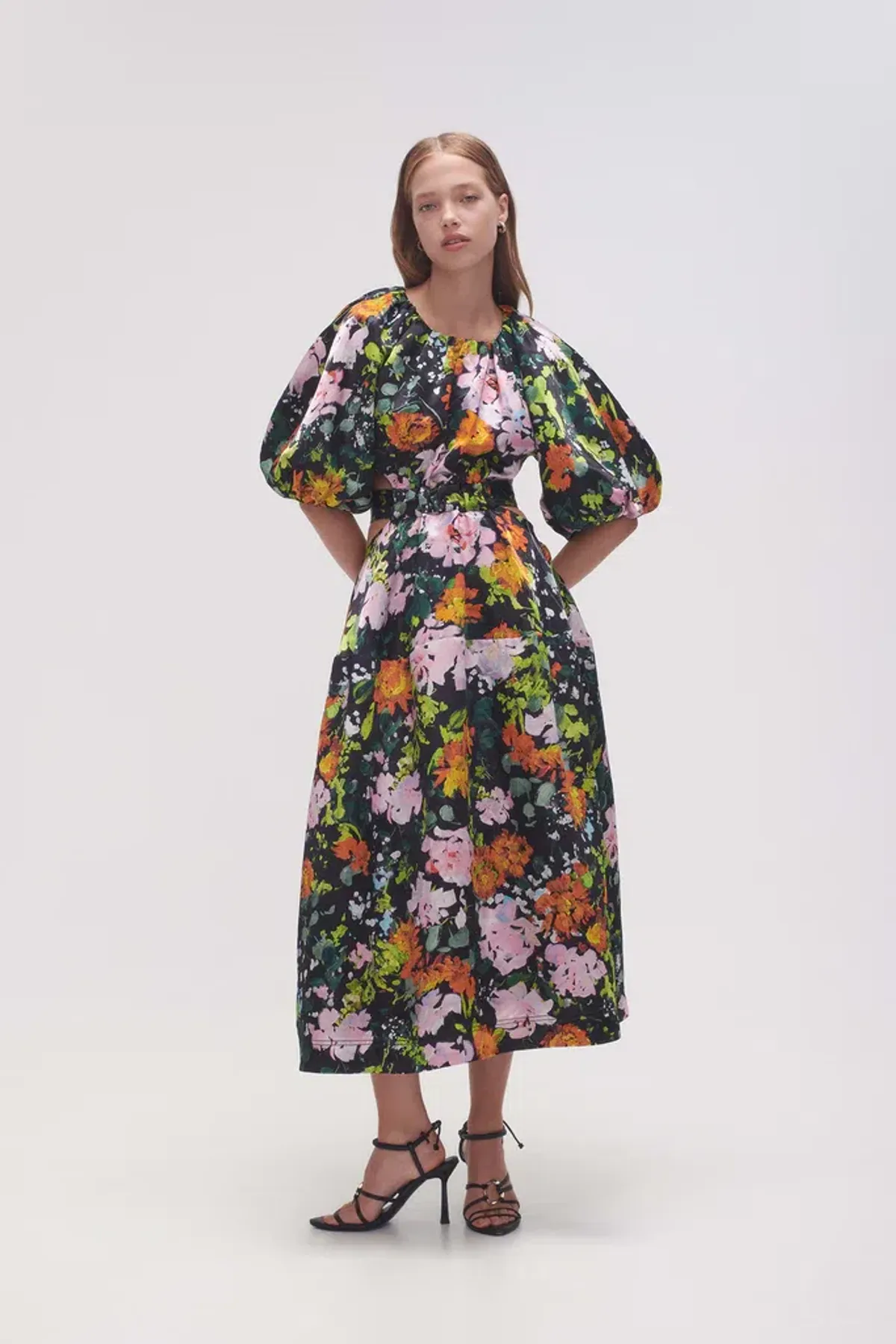 Aje Mimosa Cutout Midi Dress Puff Sleeves Midnight Floral Size AU 10 - Image 1