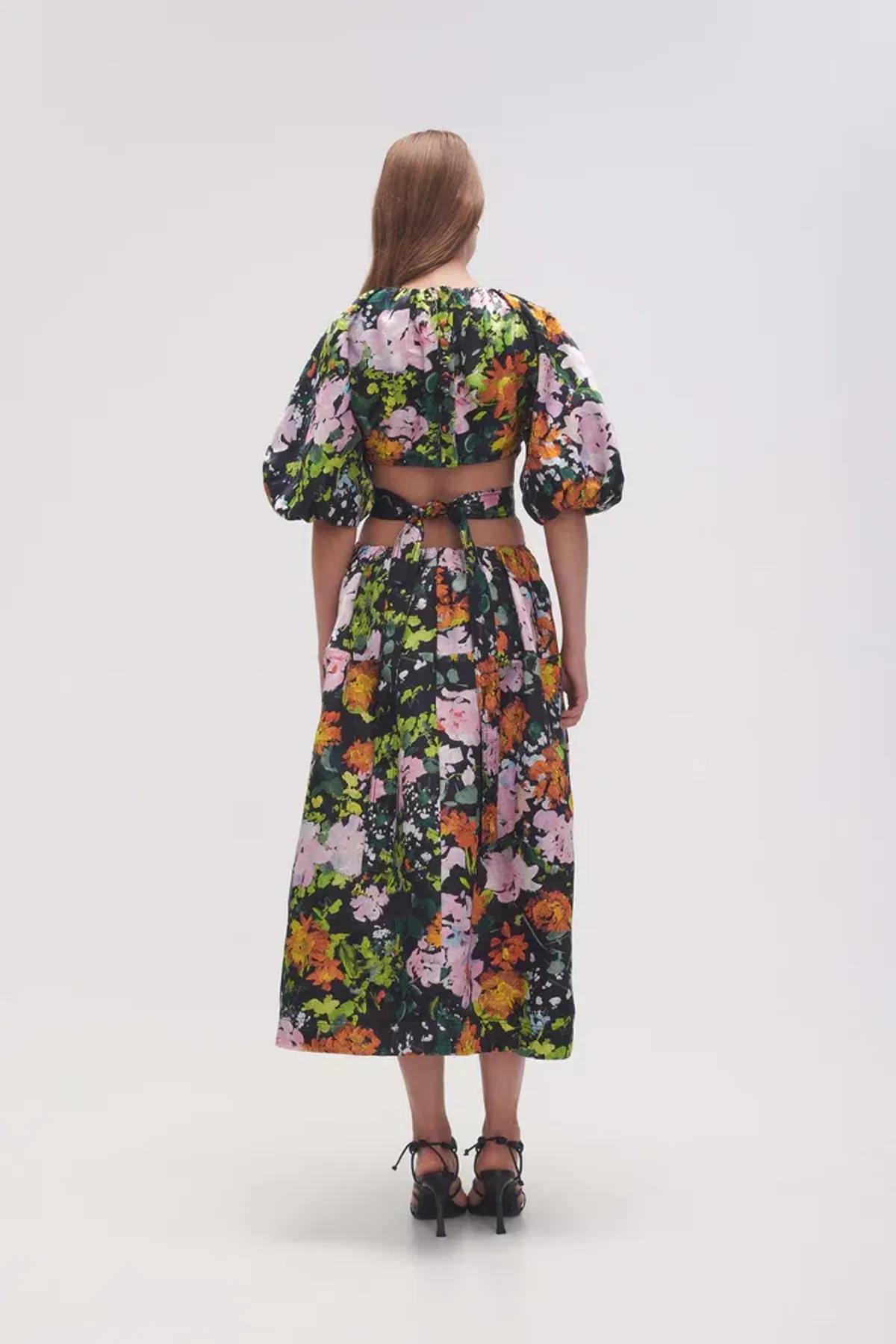 Aje Mimosa Cutout Midi Dress Puff Sleeves Midnight Floral Size AU 10 - Image 2