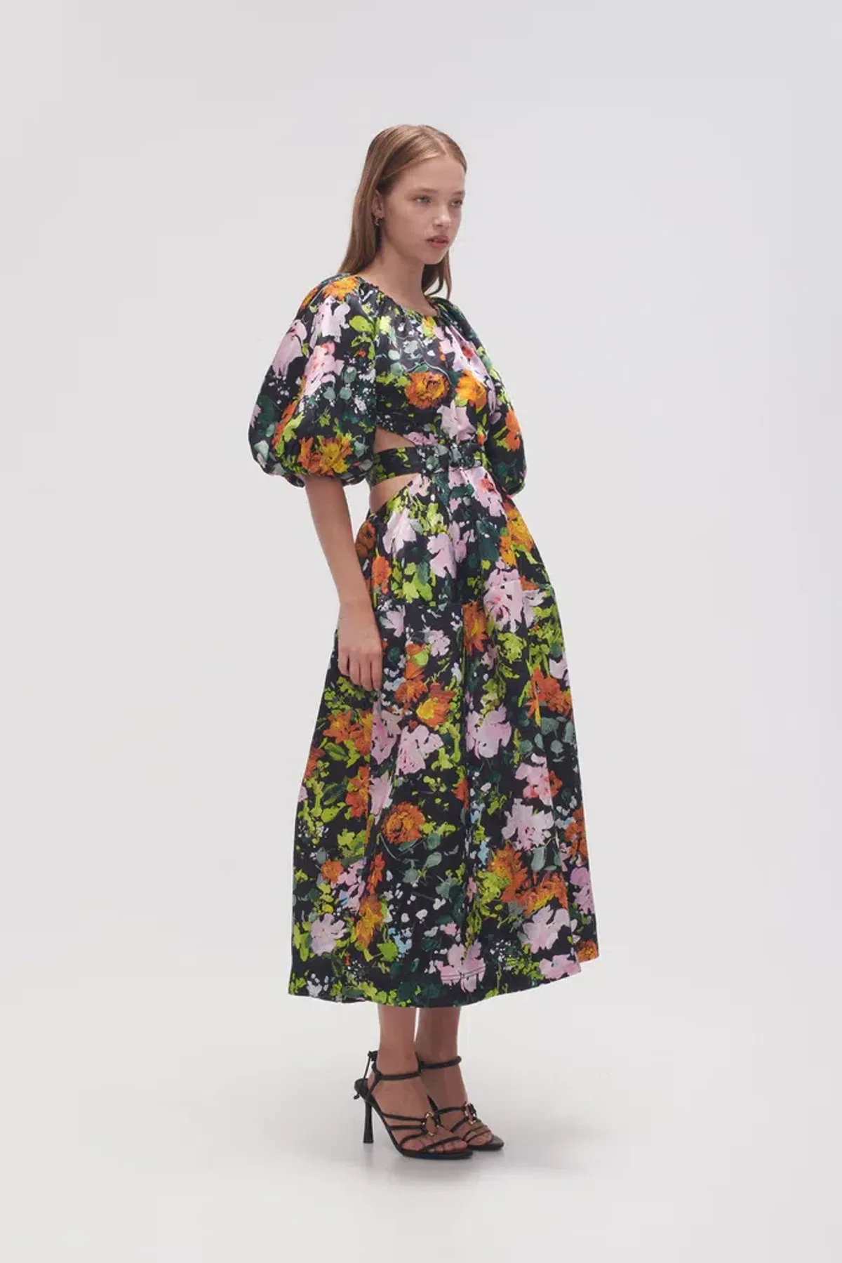 Aje Mimosa Cutout Midi Dress Puff Sleeves Midnight Floral Size AU 10 - Image 4