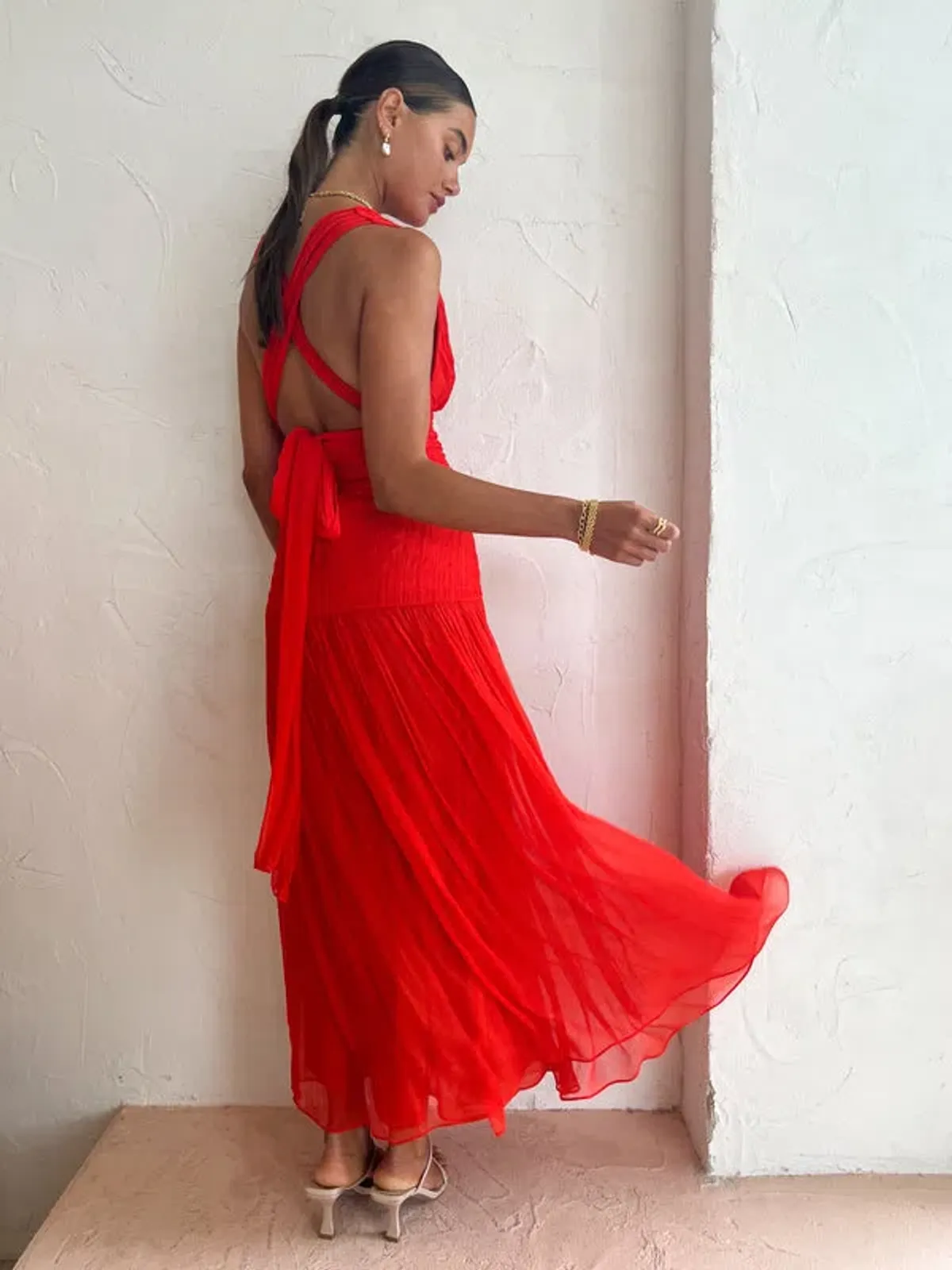 Shona Joy Leilani Midi Plunge Tie Back Dress Hibiscus Red Size 6 - Image 4