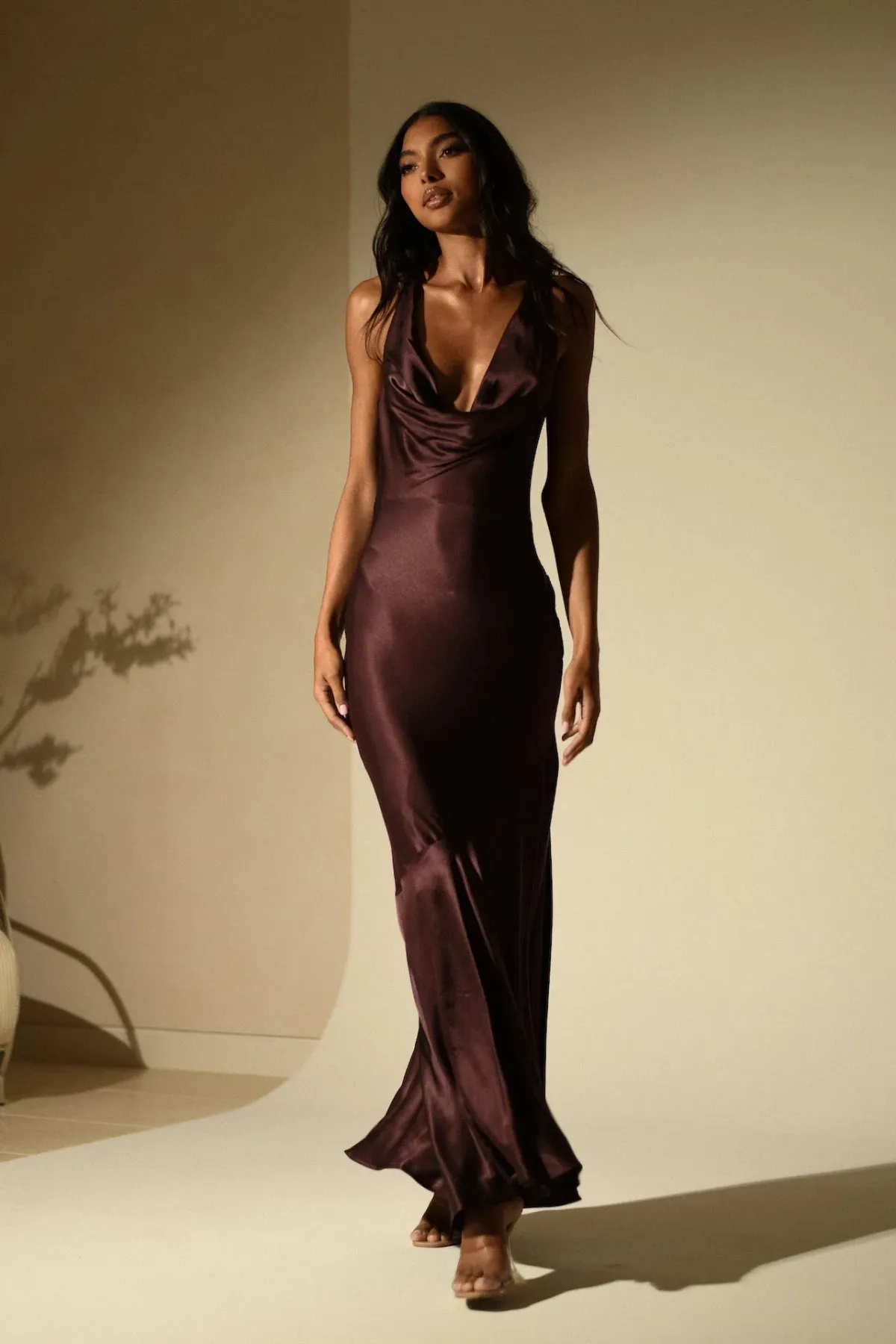 Meshki Ellison Satin Cowl Gown Dark Chocolate Size L / AU 12 - Image 6