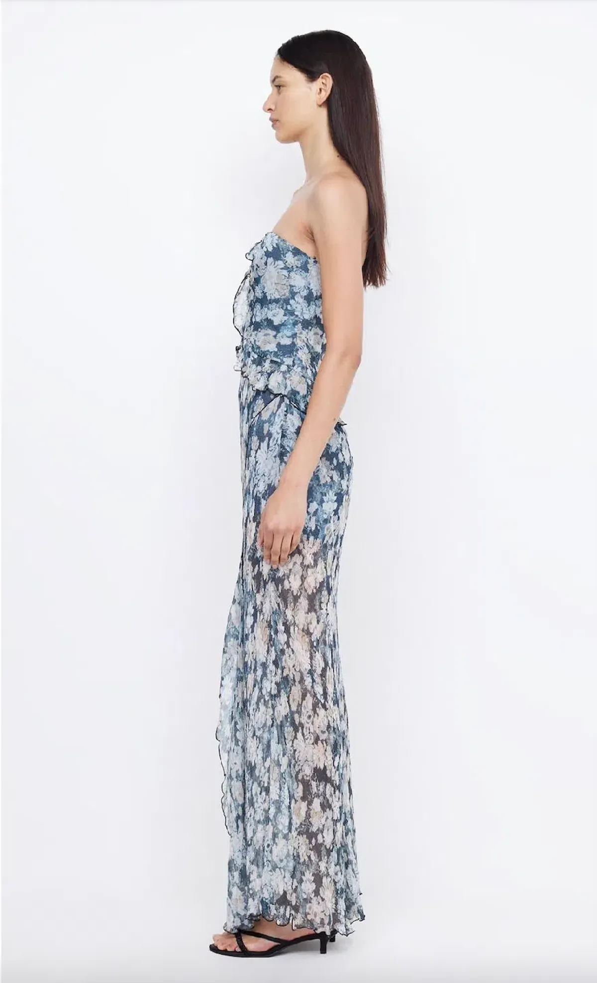 Bec & Bridge Opal Strapless Frill Ruffle Maxi Dress Denim Floral Size AU 8 - Image 3