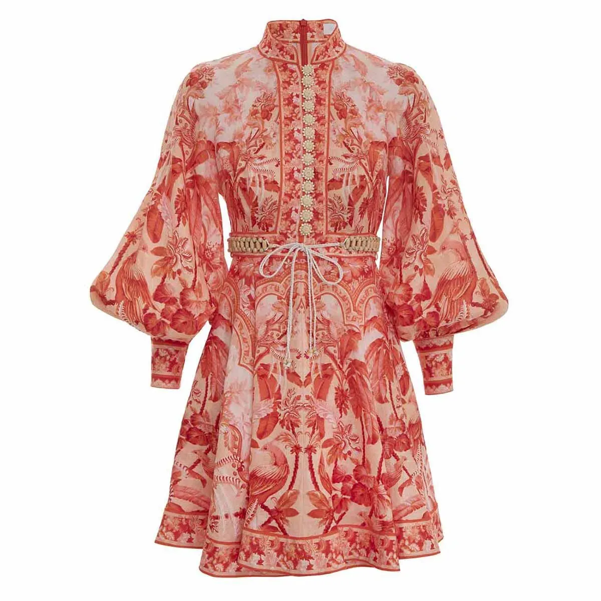Zimmermann Lyre Billow Sleeve Mini Dress Red Palm Print Size 0/Au 8 - Image 4