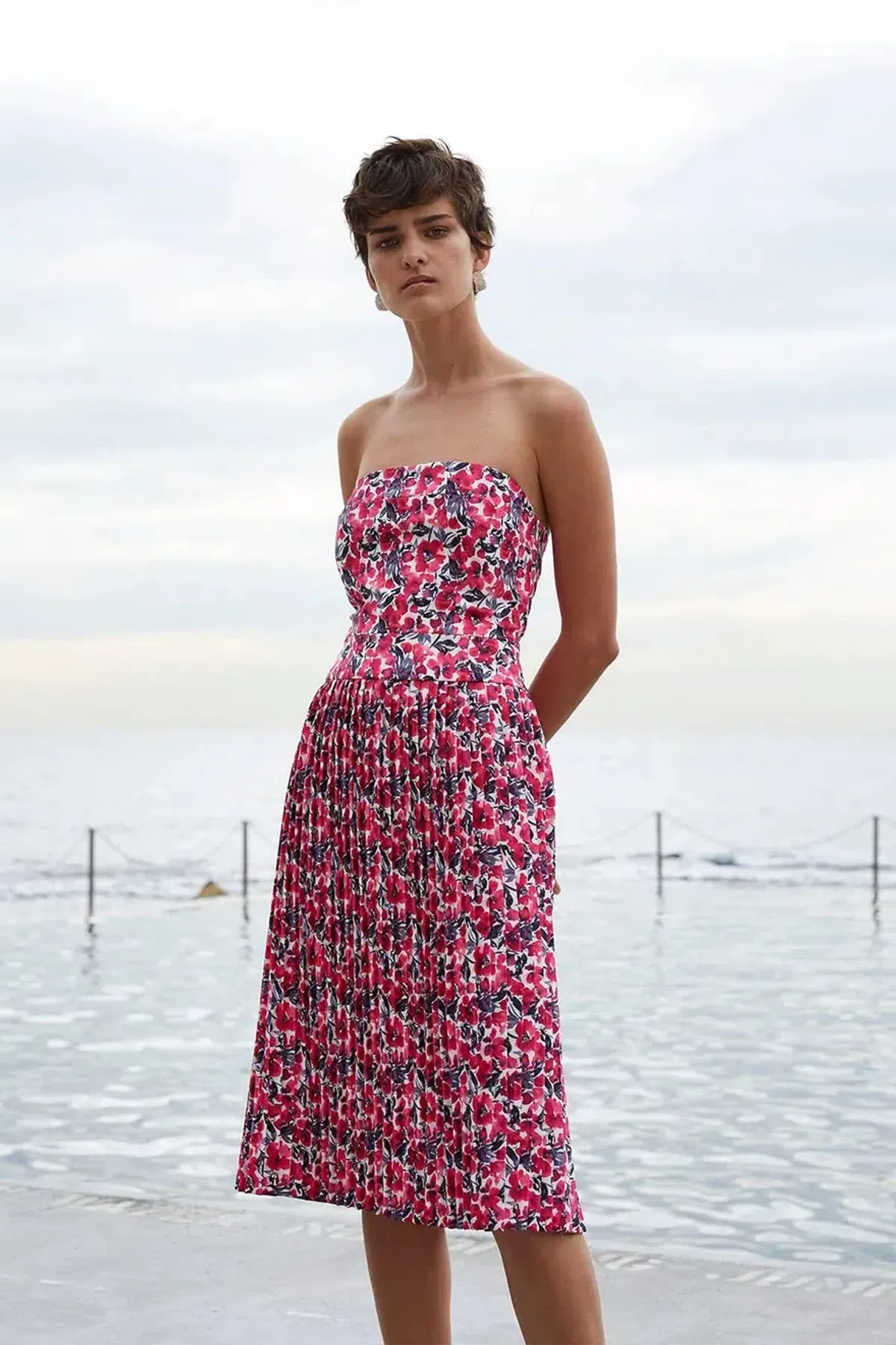 By Johnny Strapless Pleated Midi Dress Floral Size 12 - Image 1