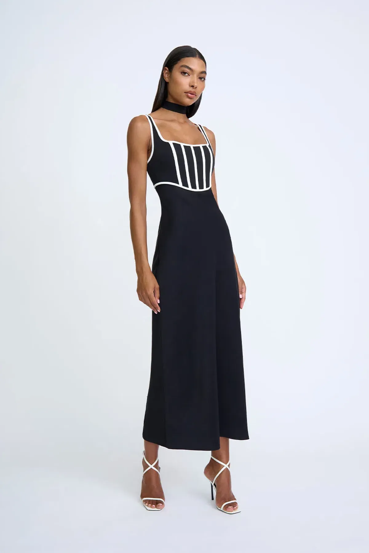 By Johnny Basia Boned Bustier Midi Dress Black Ivory Size 6 - Image 1