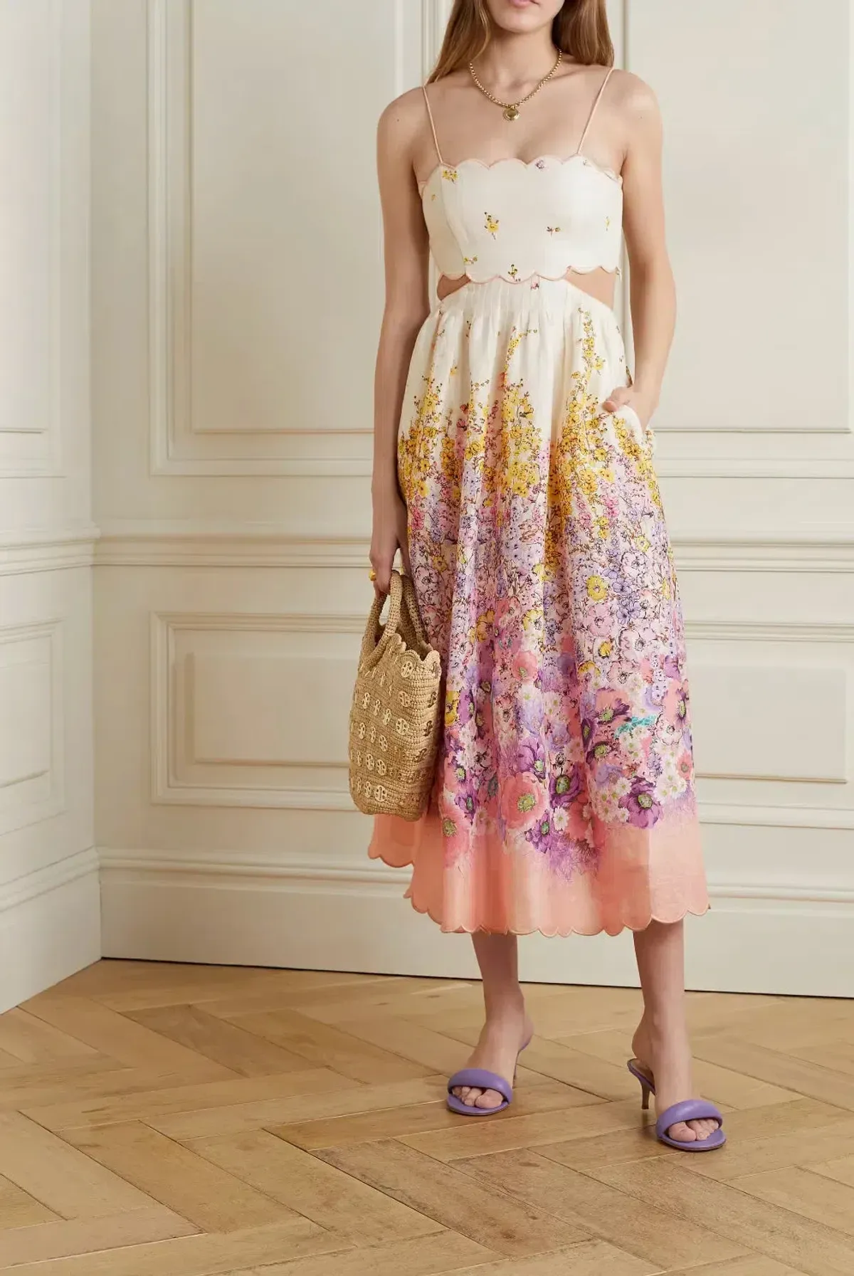 Zimmermann Jude Scallop Midi Dress in Peach Gradient Floral Size 1 /Au 10 - Image 1