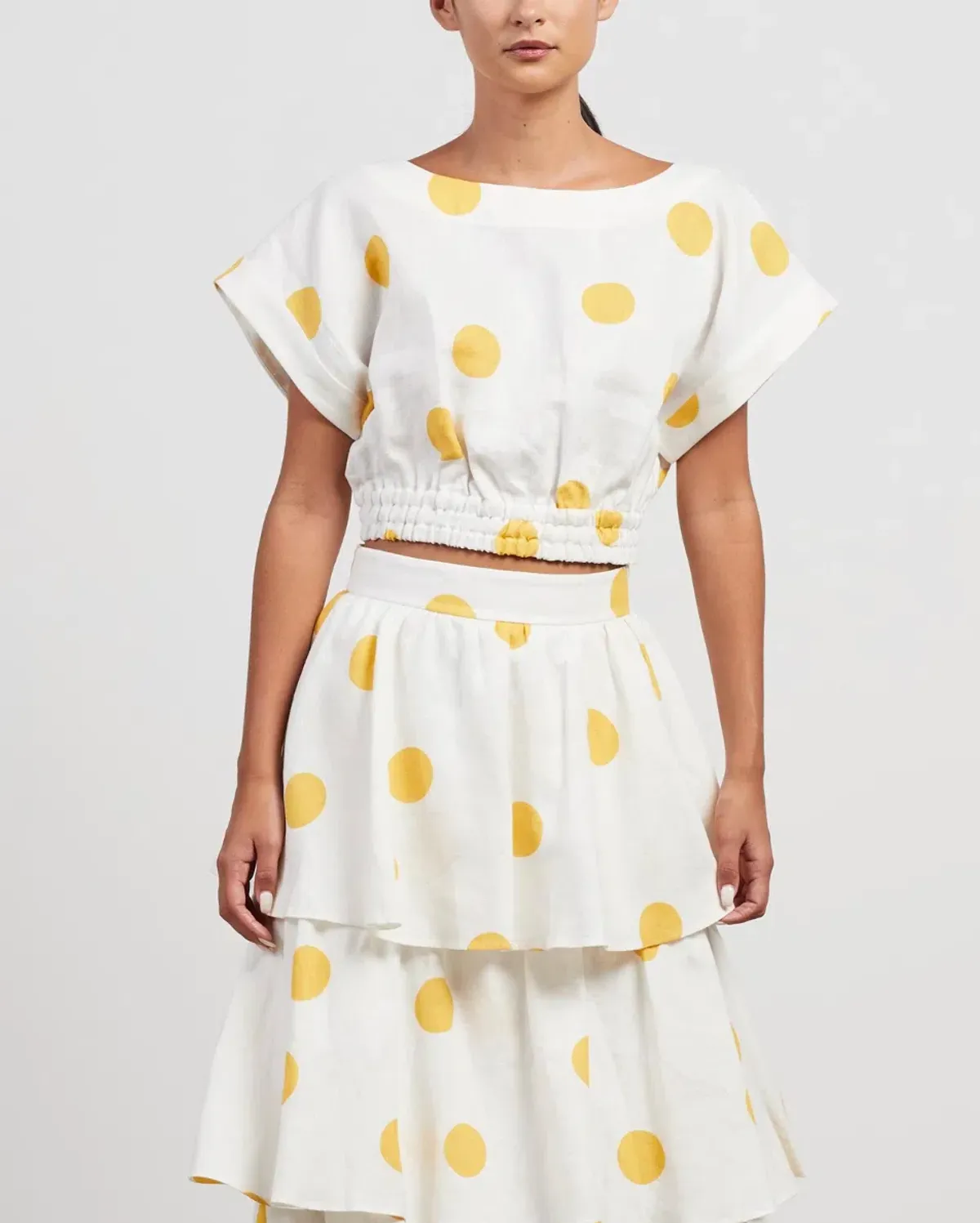 Rebecca Vallance Aya Polka-Dot Linen Midi Skirt and Crop Set White Print Size 12 - Image 2