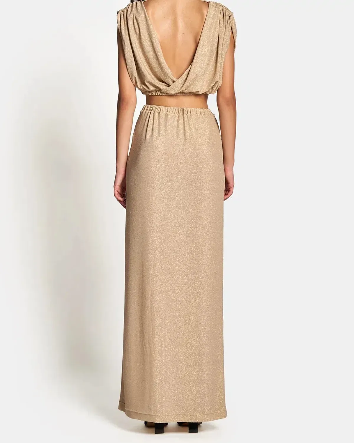 Sofia The Label Valentina Draped Crop Top and High Waist Maxi Skirt Set In Gold Lurex Size 8 - Image 1