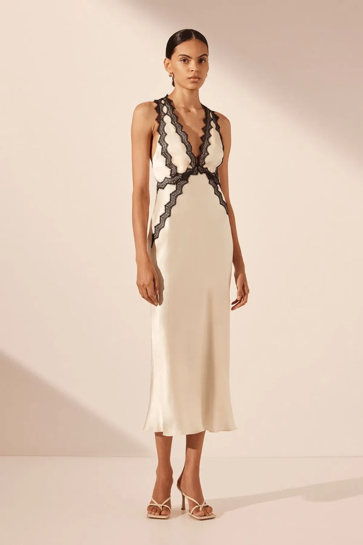 Shona Joy Camille Lace Cross Back Midi Dress Cream/Black Size 12 - Image 1