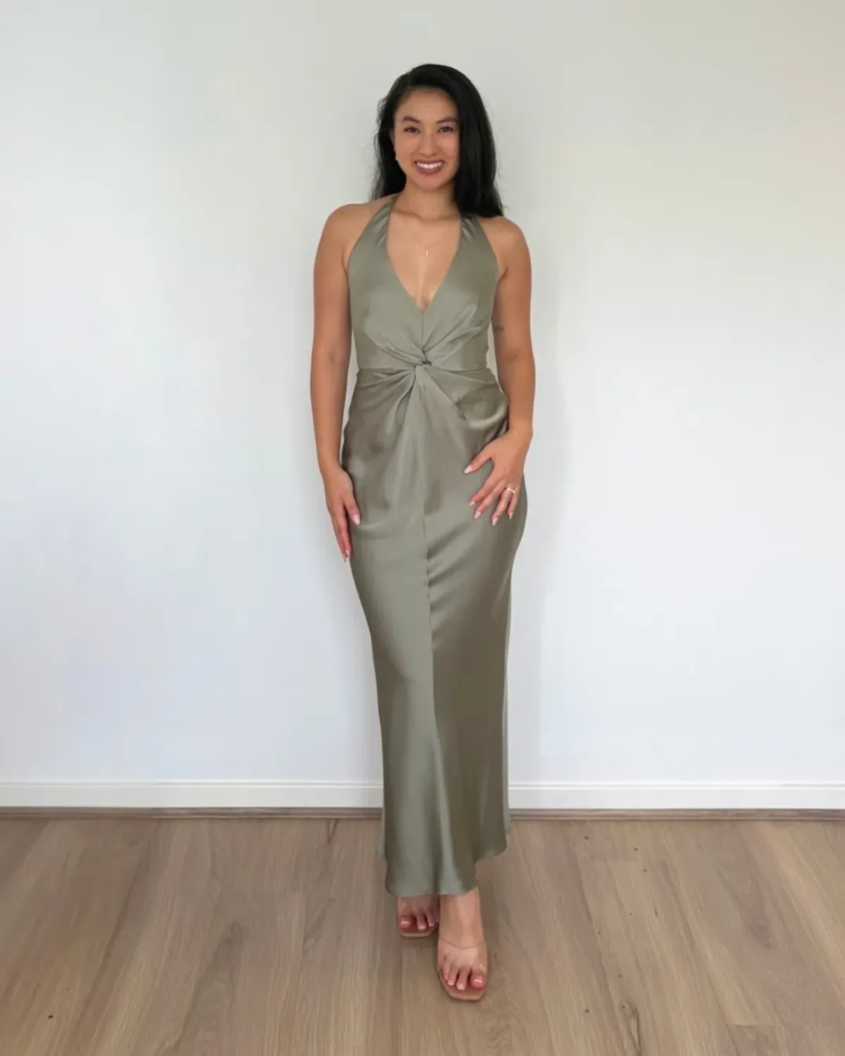 Shona Joy Luxe Twist Front Halter Midi Dress Eucalyptus Size 14 - Image 3