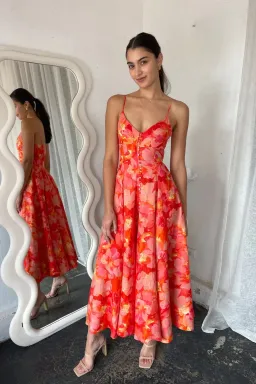 Sofia The Label Evie Midi Dress Red/Pink Floral Size 6  for rent on The Volte - image 1