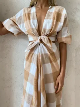 Significant Other Frida Dress In Caramel Check Print Size AU 6 for rent on The Volte - image 4
