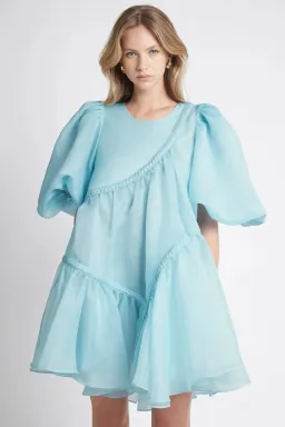Aje Riviera Assymmetric Braided Puff Sleeve Smock Dress in Ice Blue Size AU 8 for rent on The Volte - image 2