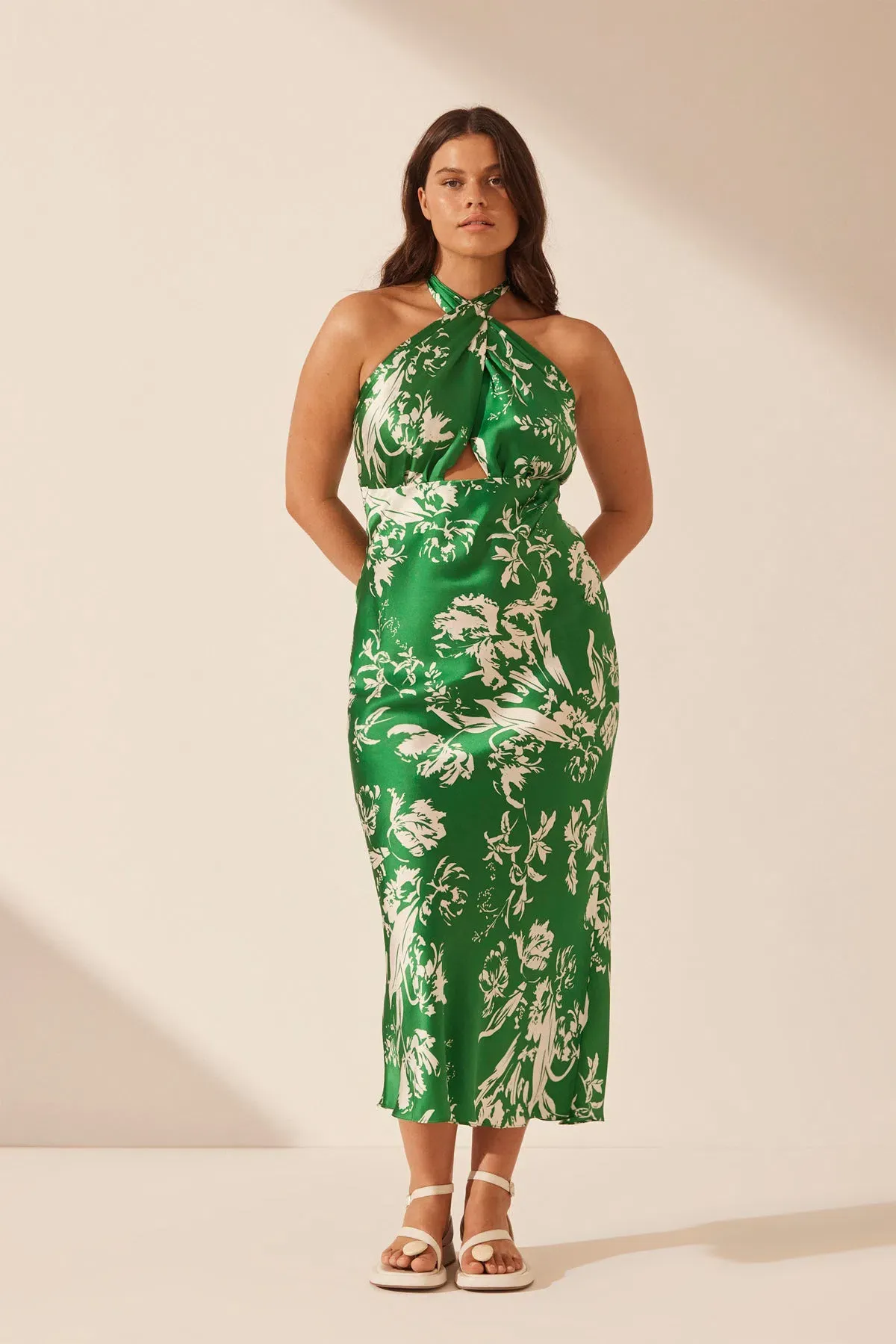 Shona Joy Coppice Silk Cross Front Halter Bias Midi Dress Green Floral Size 12 - Image 1