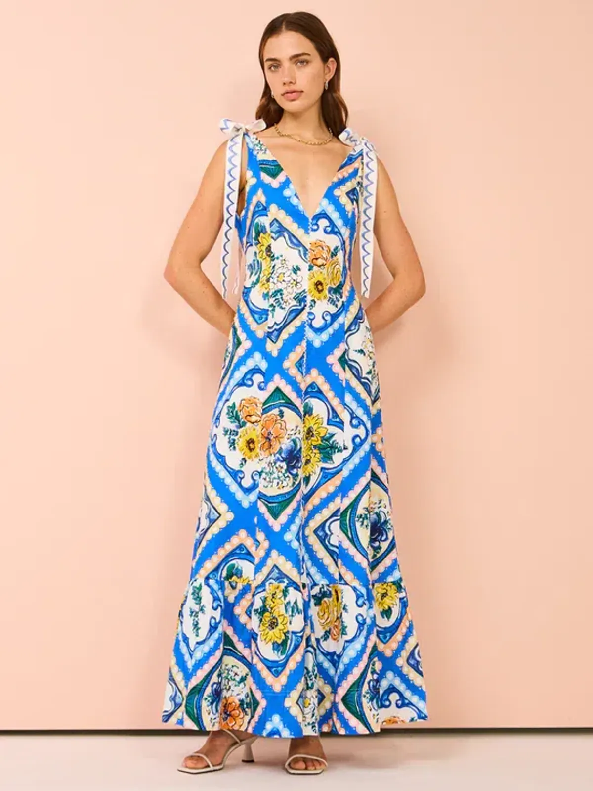 By Nicola Adoncia Tie Shoulder Maxi Dress In Azure Floral Size 10 - Image 1