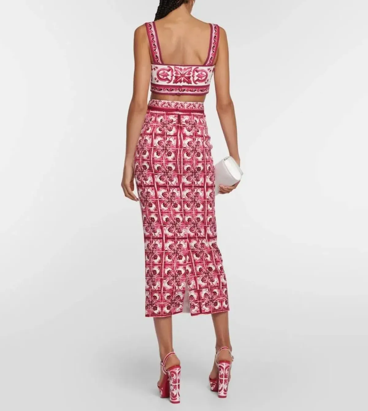 Dolce & Gabbana Majolica Top and Silk Blend Midi Skirt in Red Set Size 10  - Image 3