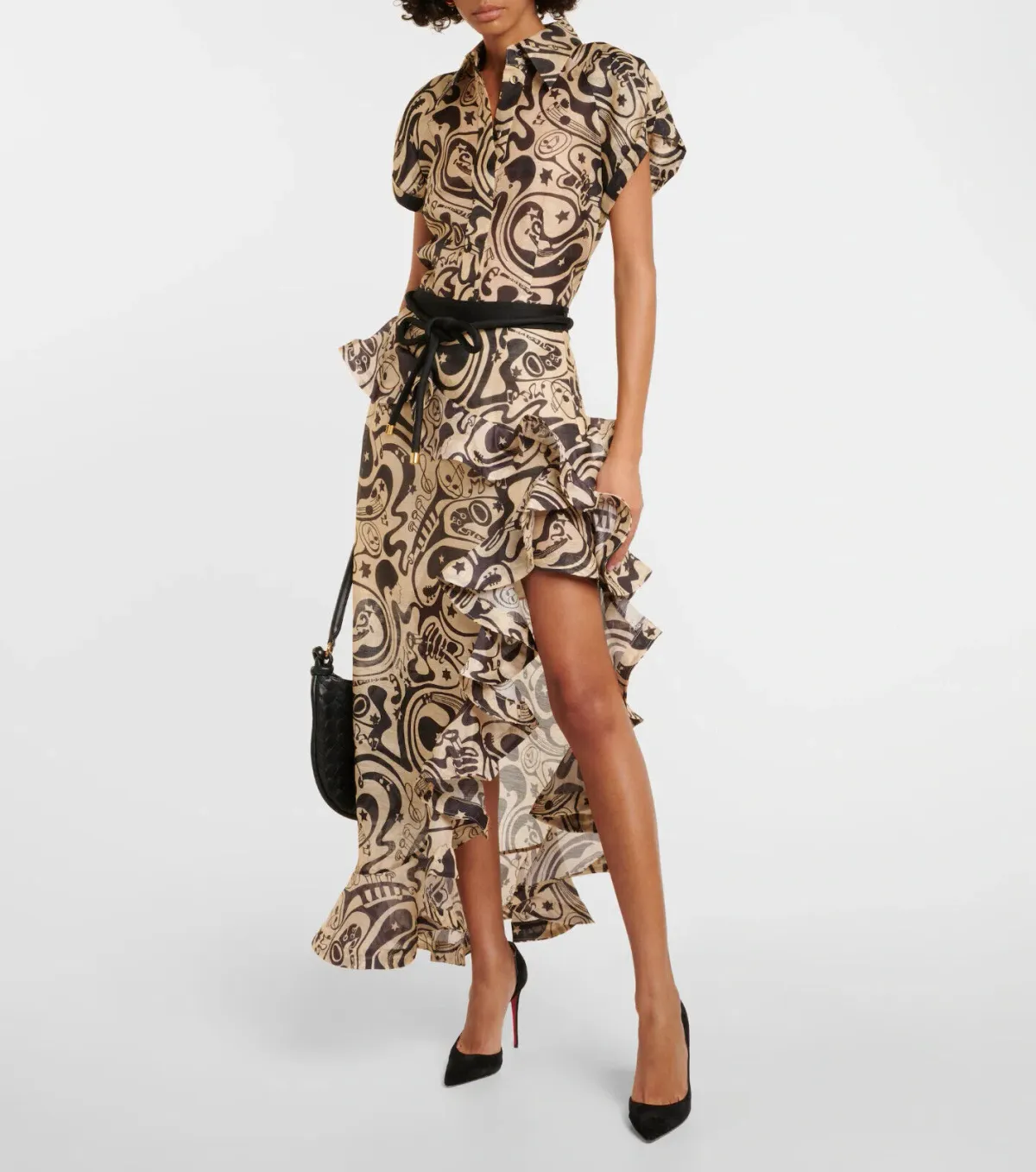 Zimmermann Matchmaker Fitted Blouse & Waterfall Skirt Set Black Tea Abstract Musical Size 0 / 8 AU - Image 1
