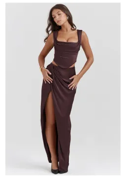 House of CB Una Corset Top and Vesper Maxi Skirt Set Rich Brown Size 8 for rent on The Volte - image 1