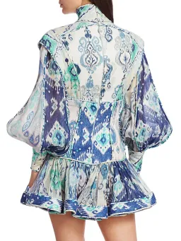 Zimmermann Glassy Long Sleeve Mini Dress Spliced Blue Ikat  Size 0 / 8 AU for rent on The Volte - image 2