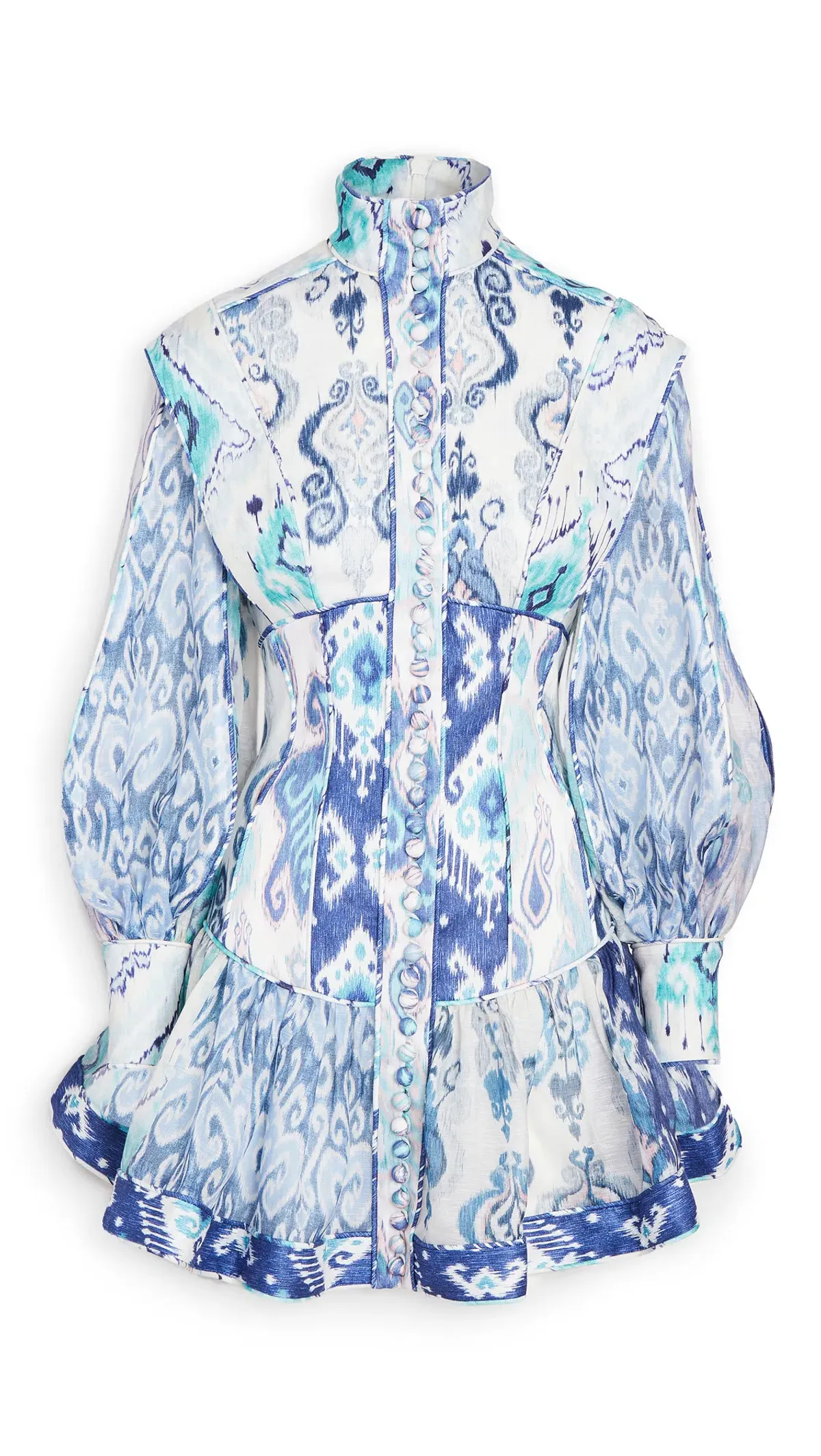 Zimmermann Glassy Long Sleeve Mini Dress Spliced Blue Ikat Size 0 / 8 AU - Image 3
