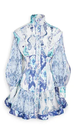 Zimmermann Glassy Long Sleeve Mini Dress Spliced Blue Ikat  Size 0 / 8 AU for rent on The Volte - image 3