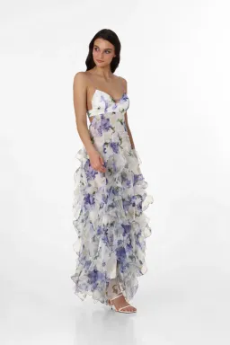 Menti Santorini Iris Flower Maxi Dress Blue Roses Chiffon Print Size L / AU 12 for rent on The Volte - image 1