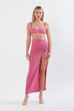 Sonya Moda Issa Top & Ruched Maxi Skirt Set in Pink Size 6 for rent on The Volte - image 1