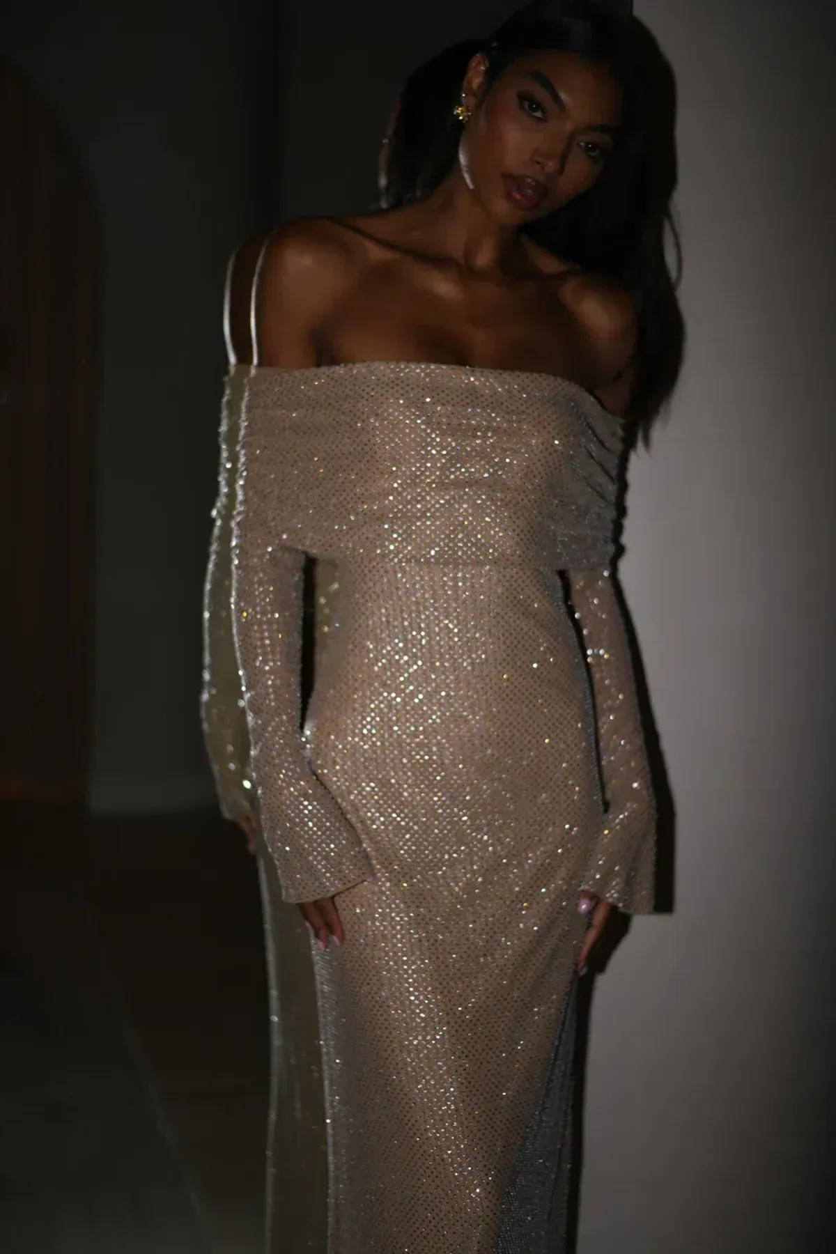 Meshki Marcel Off Shoulder Diamante Maxi Dress Nude - Image 3