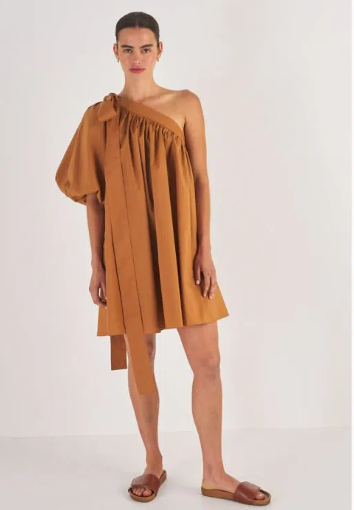 Oroton One Shoulder Gathered Dress Brown Size 12 - Image 1